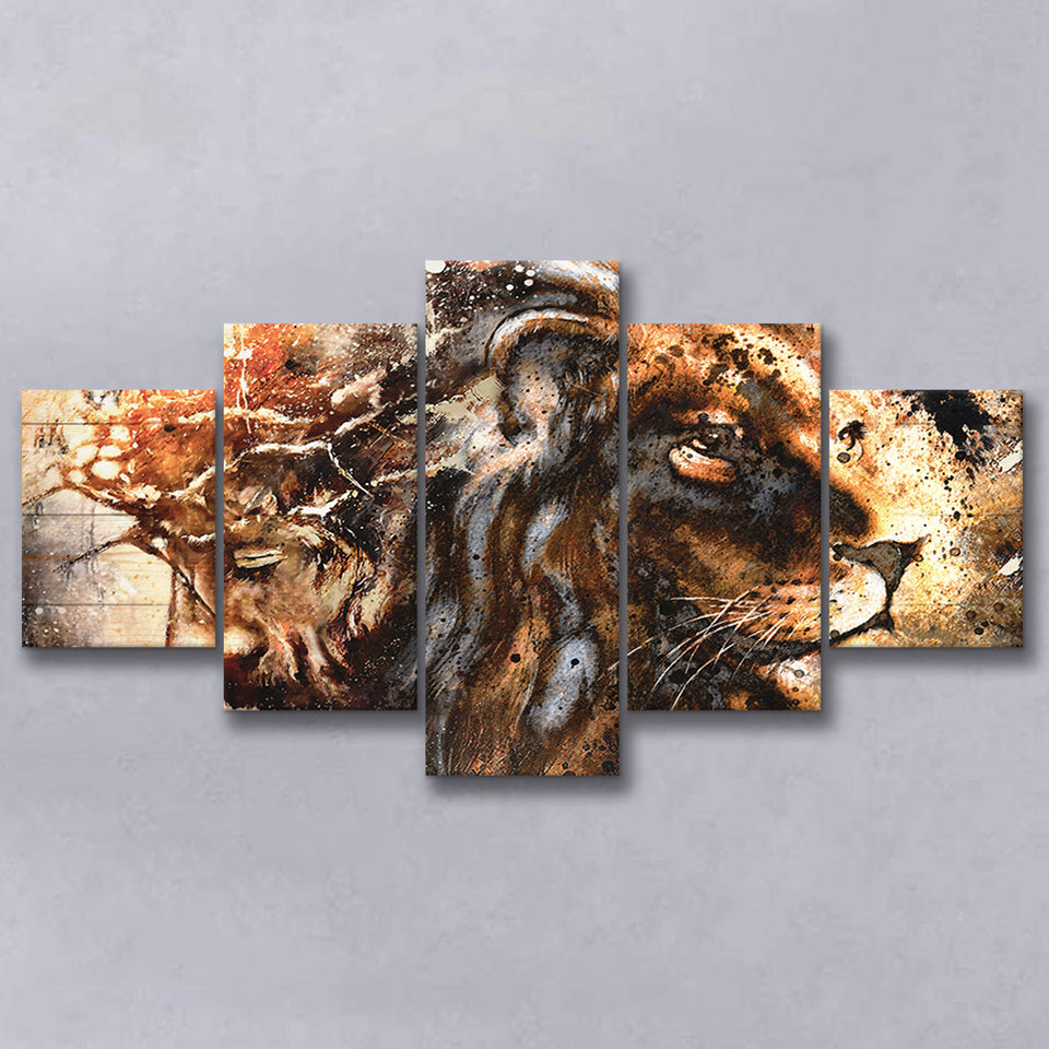 Jesus And Lion 5 Piece Multi Panels Canvas Prints Wall Art - Painting Canvas,Wall Decor