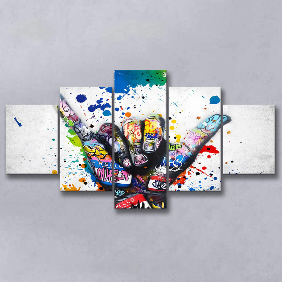 Hand Gesture Victory Graffiti Art Canvas 5 Pieces Prints Wall Art Decor - Painting Canvas, Multi Panels, Canvas Print