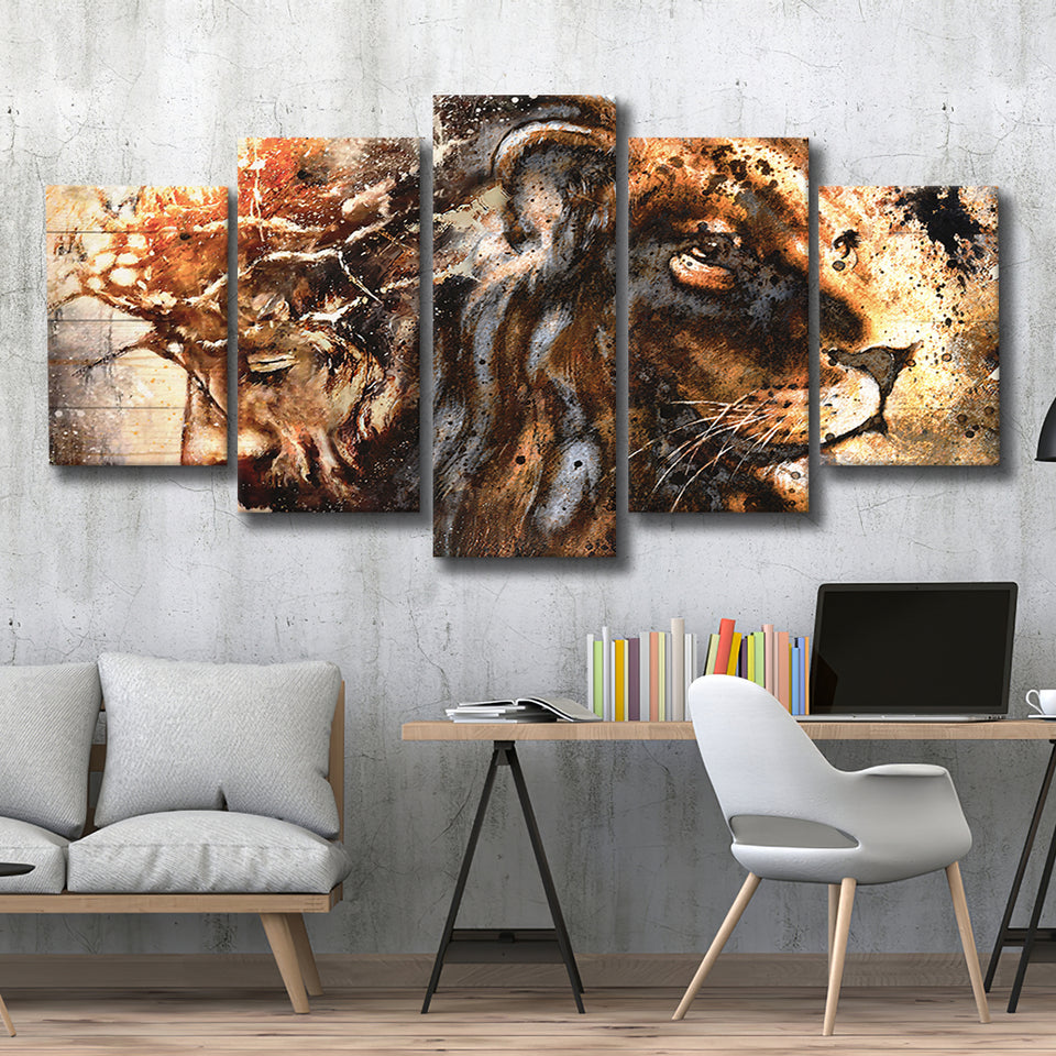 Jesus And Lion 5 Piece Multi Panels Canvas Prints Wall Art - Painting Canvas,Wall Decor