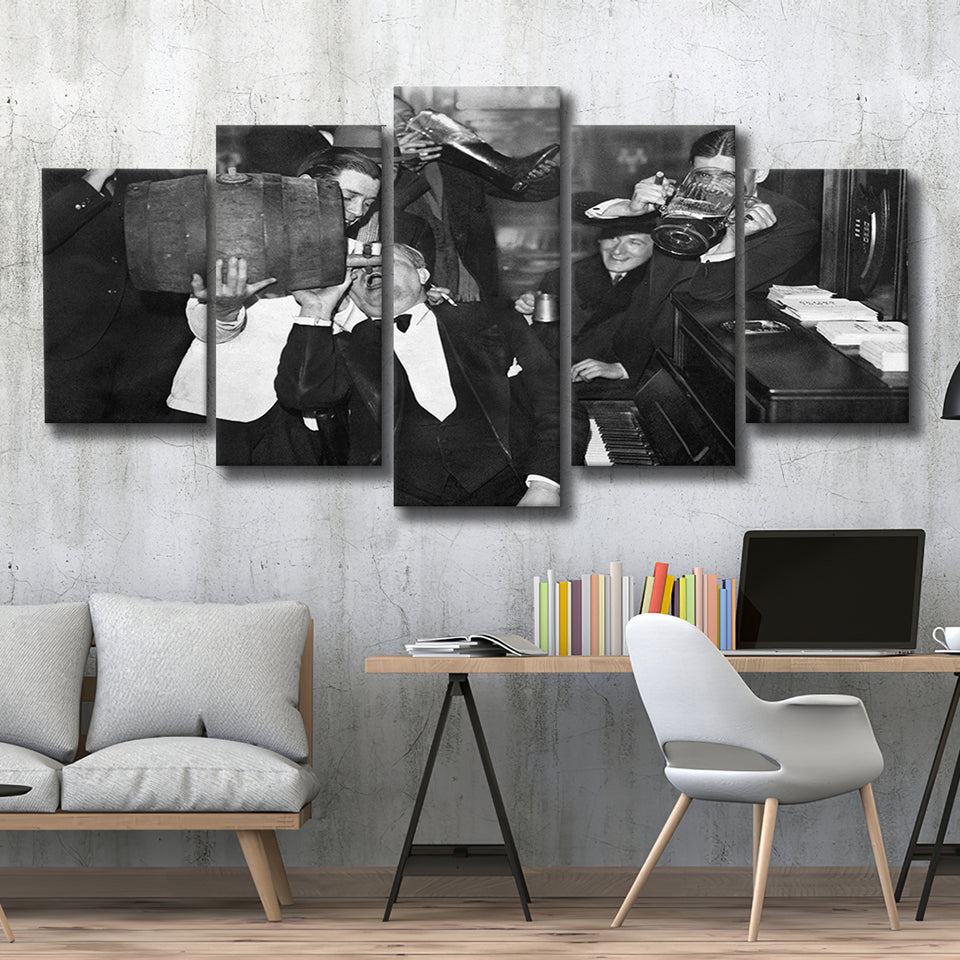 Beer Drinking Bar Black And White Print, End Of Prohibition 5 Panels, Canvas Prints Wall Art Decor, Large Canvas Art
