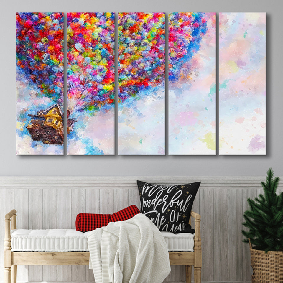 Pixar Dream house fly with balloons Painting 5 Piece Canvas Prints Wall Art - Painting Prints, Wall Decor,Multi Panels