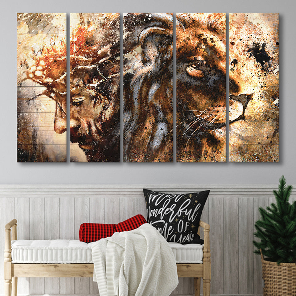 Jesus And Lion 5 Piece B Multi Panels Canvas Prints Wall Art - Painting Canvas,Wall Decor