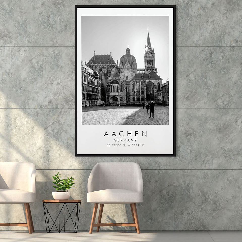 Aachen Germany, Wall Art For Travel Lovers, B&W, Floating Framed Canvas Print