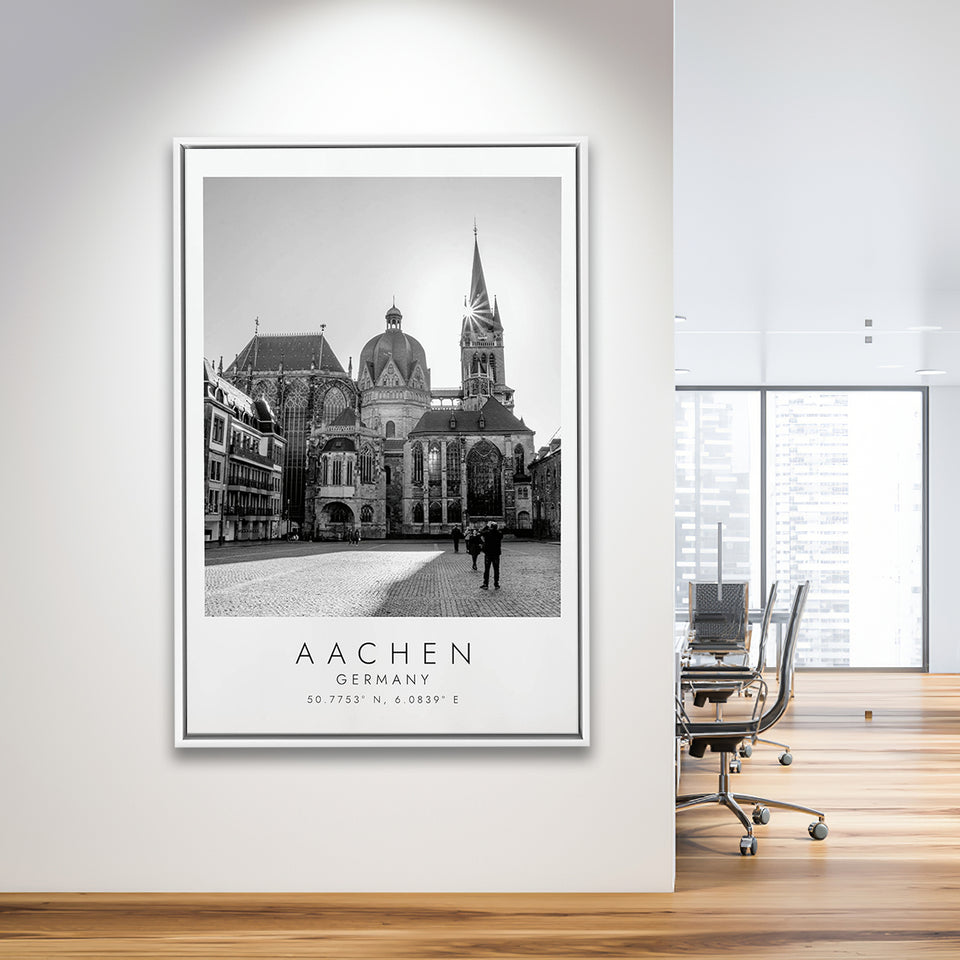 Aachen Germany, Wall Art For Travel Lovers, B&W, Floating Framed Canvas Print