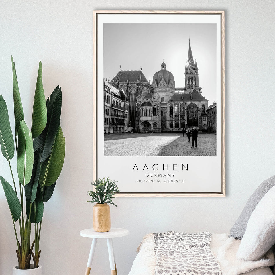 Aachen Germany, Wall Art For Travel Lovers, B&W, Floating Framed Canvas Print