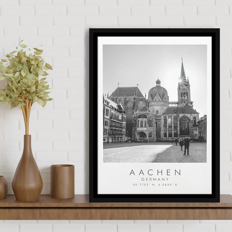 Aachen Germany, Wall Art For Travel Lovers, B&W, Floating Framed Canvas Print