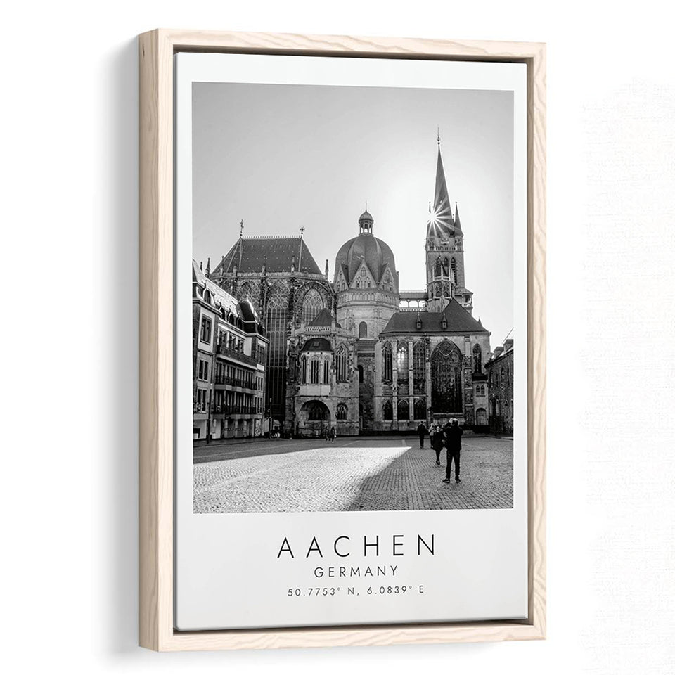 Aachen Germany, Wall Art For Travel Lovers, B&W, Floating Framed Canvas Print