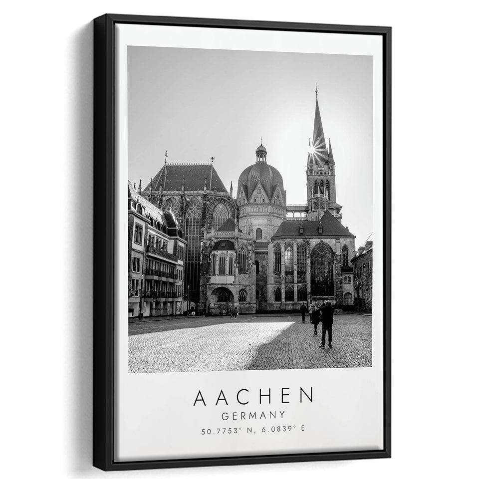 Aachen Germany, Wall Art For Travel Lovers, B&W, Floating Framed Canvas Print