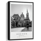 Aachen Germany, Wall Art For Travel Lovers, B&W, Floating Framed Canvas Print