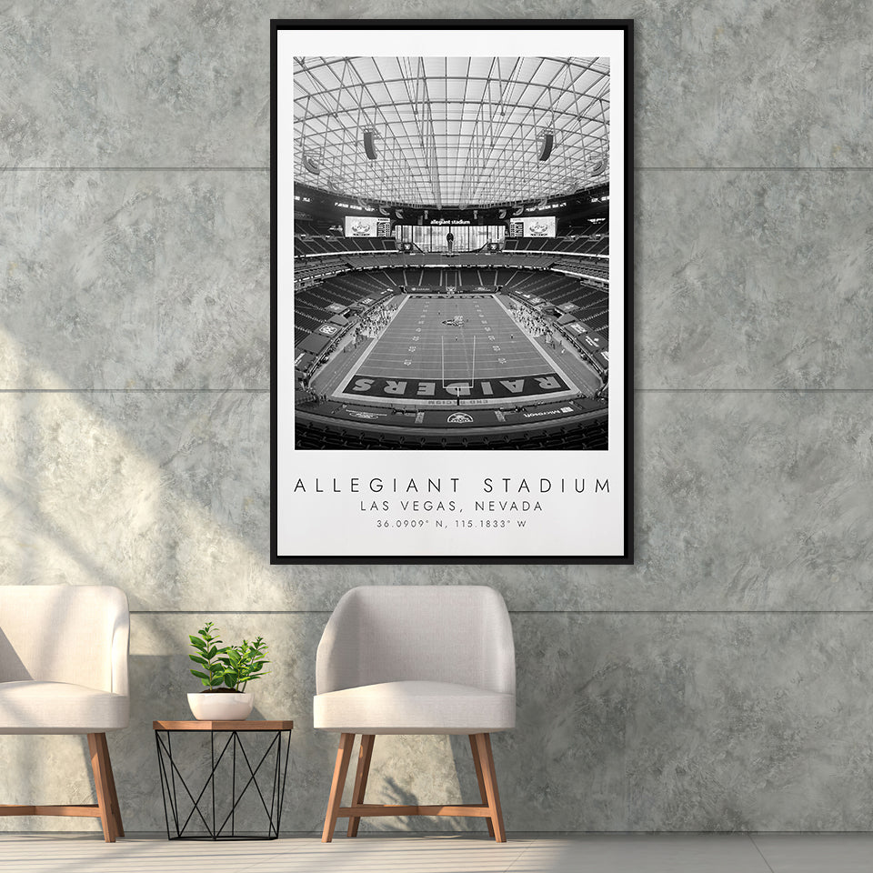 Allegiant Stadium Las Vegas Raiders, Stadium Wall Art For Football Lovers, B&W, Floating Framed Canvas Print