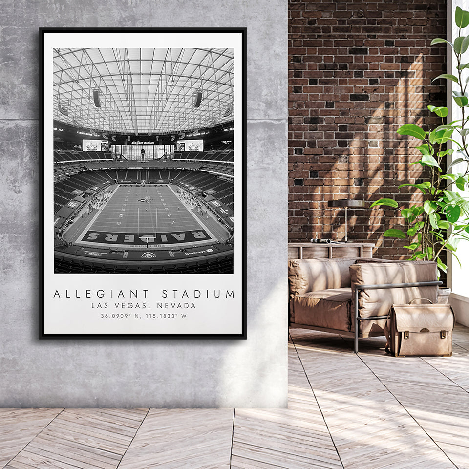 Allegiant Stadium Las Vegas Raiders, Stadium Wall Art For Football Lovers, B&W, Floating Framed Canvas Print