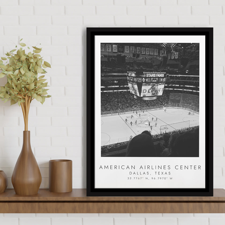 American Airlines Center Dallas Stars, Stadium Wall Art For Ice Hockey Lovers, B&W, Floating Framed Canvas Print