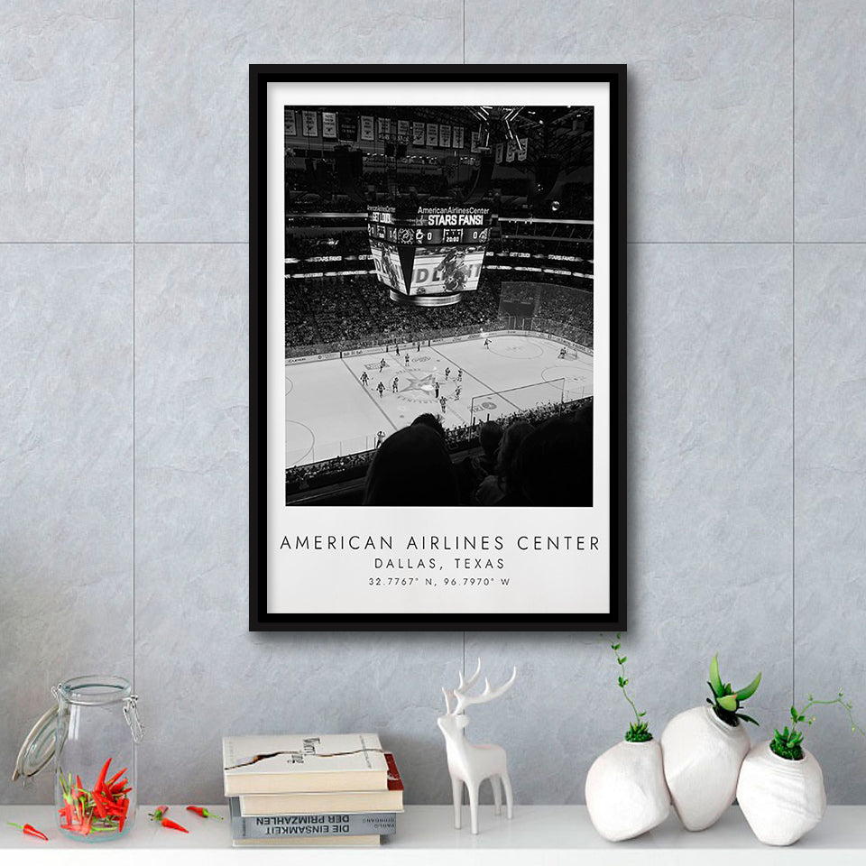American Airlines Center Dallas Stars, Stadium Wall Art For Ice Hockey Lovers, B&W, Floating Framed Canvas Print