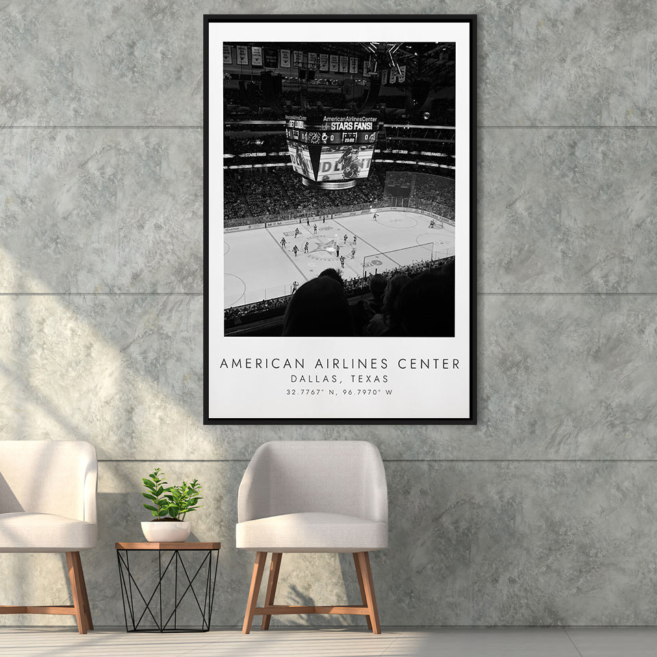 American Airlines Center Dallas Stars, Stadium Wall Art For Ice Hockey Lovers, B&W, Floating Framed Canvas Print
