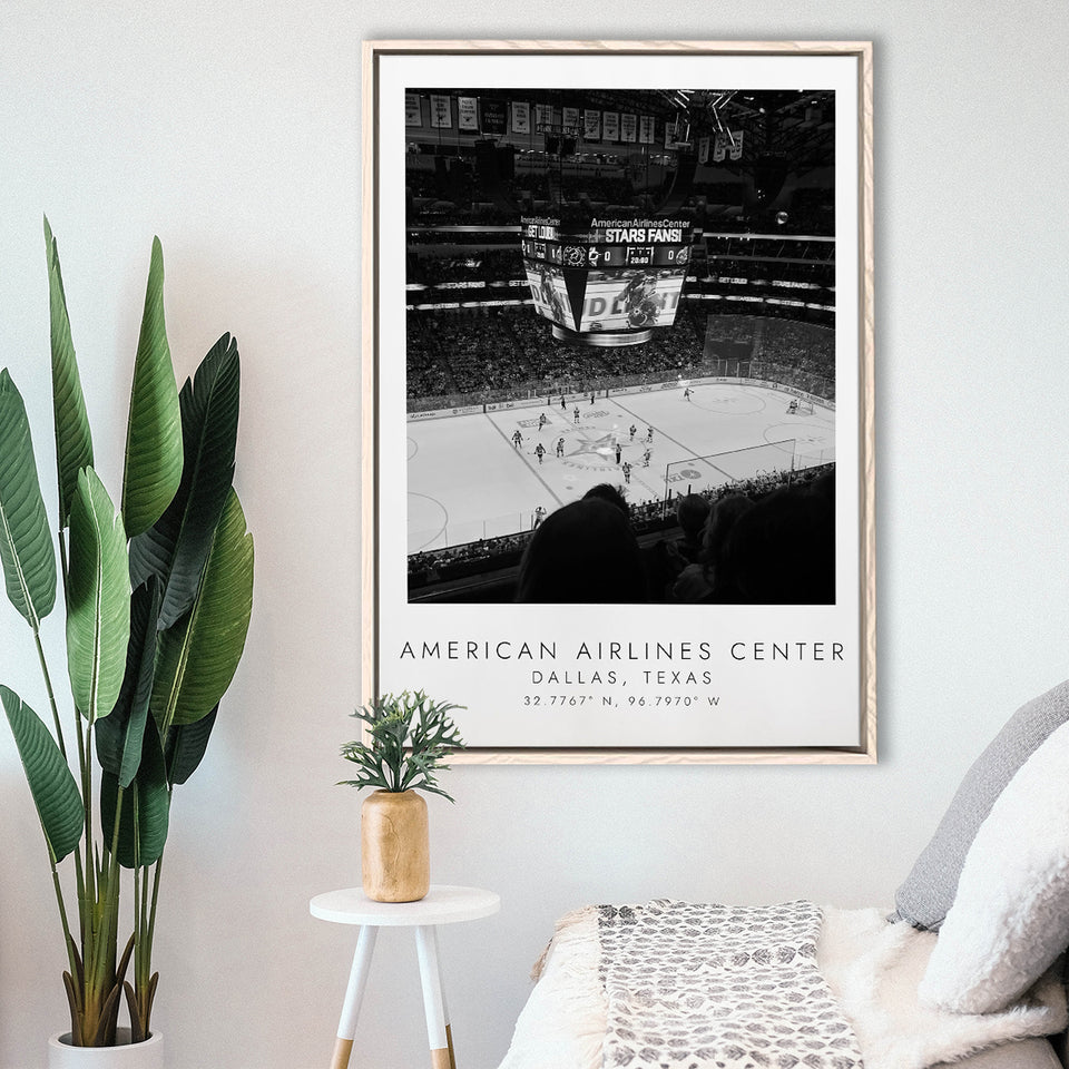 American Airlines Center Dallas Stars, Stadium Wall Art For Ice Hockey Lovers, B&W, Floating Framed Canvas Print