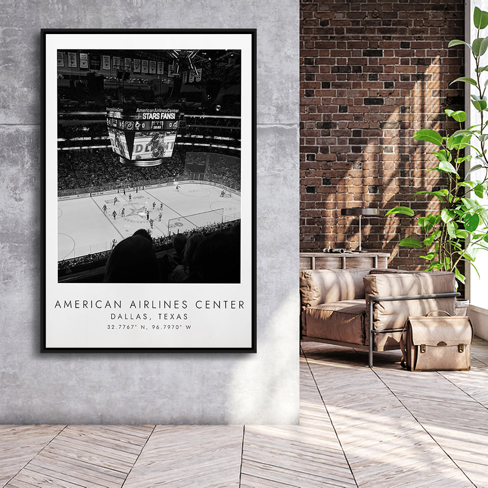 American Airlines Center Dallas Stars, Stadium Wall Art For Ice Hockey Lovers, B&W, Floating Framed Canvas Print