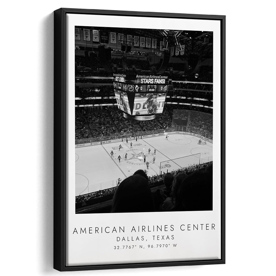 American Airlines Center Dallas Stars, Stadium Wall Art For Ice Hockey Lovers, B&W, Floating Framed Canvas Print