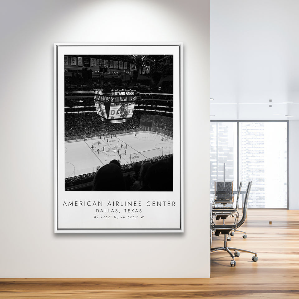 American Airlines Center Dallas Stars, Stadium Wall Art For Ice Hockey Lovers, B&W, Floating Framed Canvas Print