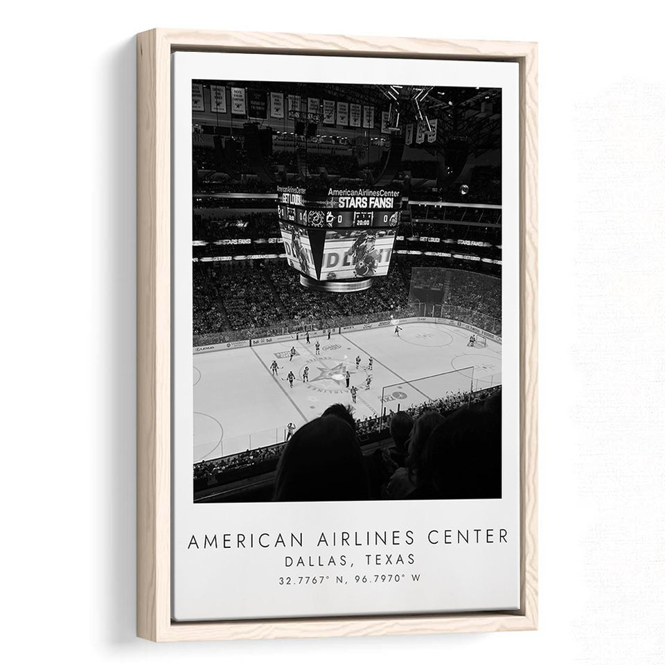American Airlines Center Dallas Stars, Stadium Wall Art For Ice Hockey Lovers, B&W, Floating Framed Canvas Print