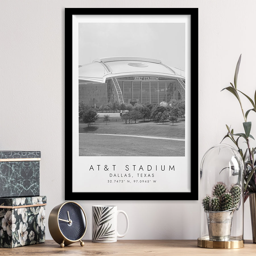 At&T Stadium Dallas Cowboys, Stadium Print For Football Lovers, Black And White, Framed Art Print Wall Decor