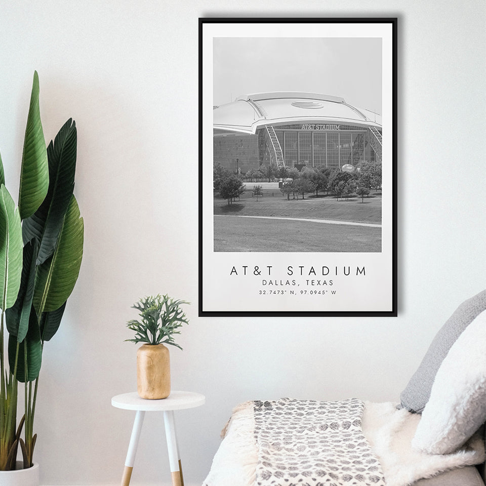 At&T Stadium Dallas Cowboys, Stadium Wall Art For Football Lovers, B&W, Floating Framed Canvas Print