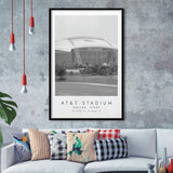 At&T Stadium Dallas Cowboys, Stadium Print For Football Lovers, Black And White, Framed Art Print Wall Decor