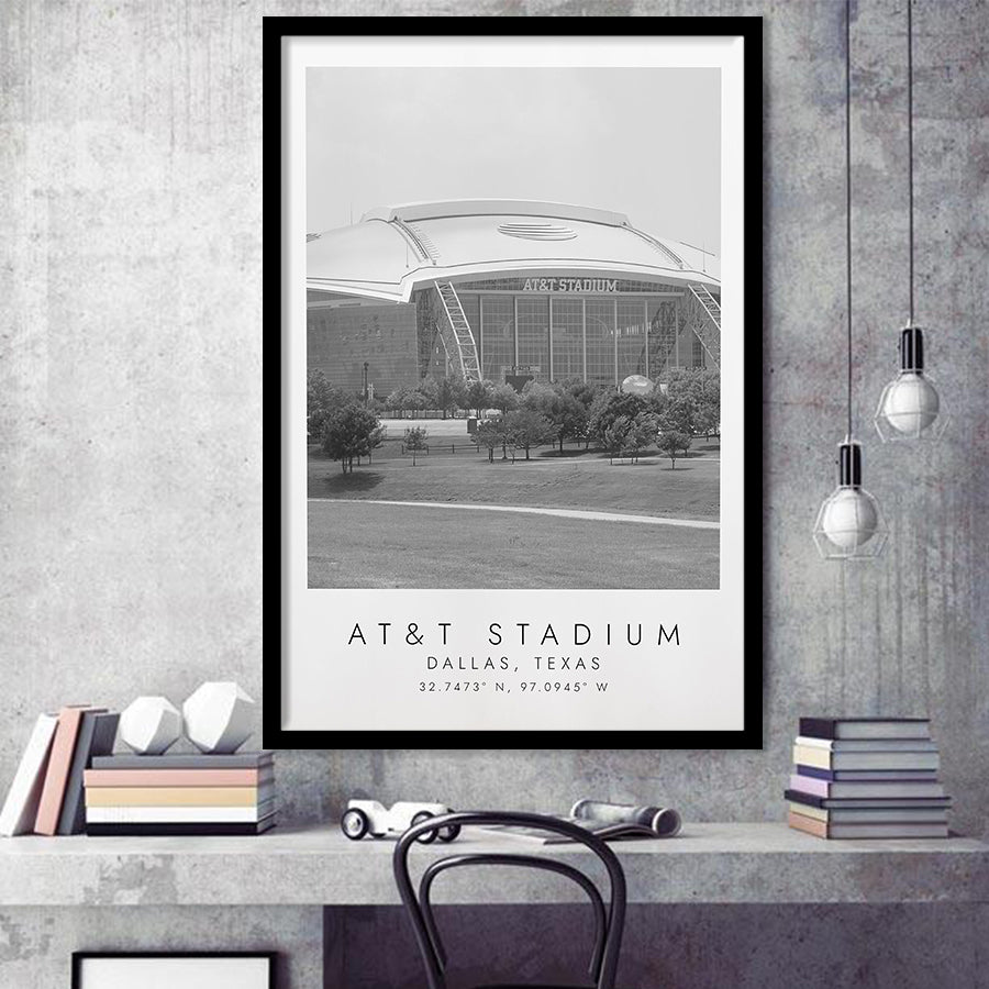 At&T Stadium Dallas Cowboys, Stadium Print For Football Lovers, Black And White, Framed Art Print Wall Decor