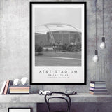 At&T Stadium Dallas Cowboys, Stadium Print For Football Lovers, Black And White, Framed Art Print Wall Decor