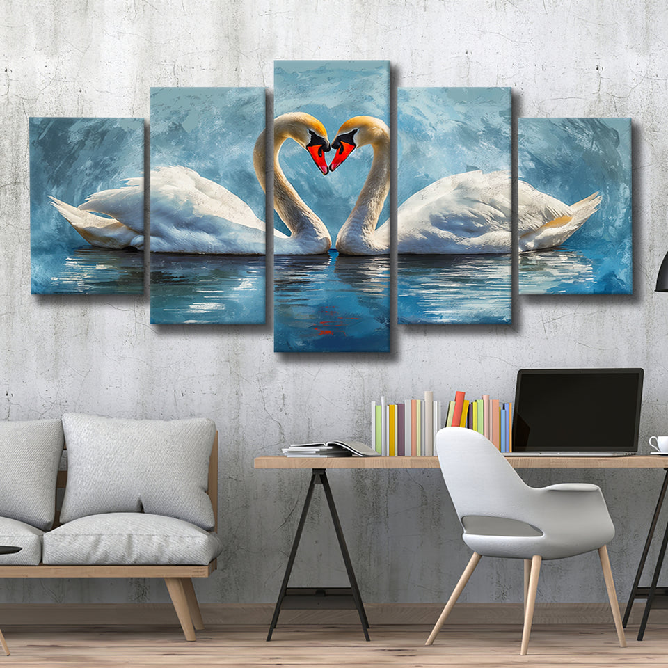 A Couple Of Swans Painting, Mixed 5 Panel Canvas Print Wall Art Home Decor, Large Canvas Painting