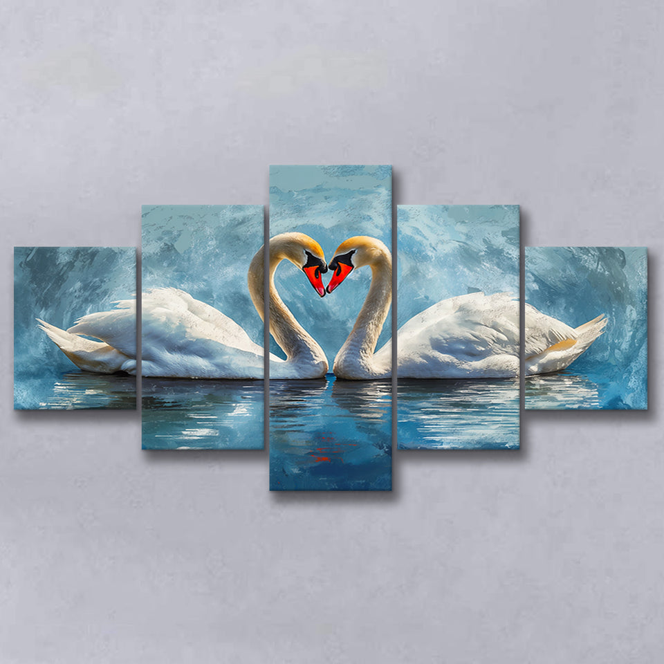 A Couple Of Swans Painting, Mixed 5 Panel Canvas Print Wall Art Home Decor, Large Canvas Painting