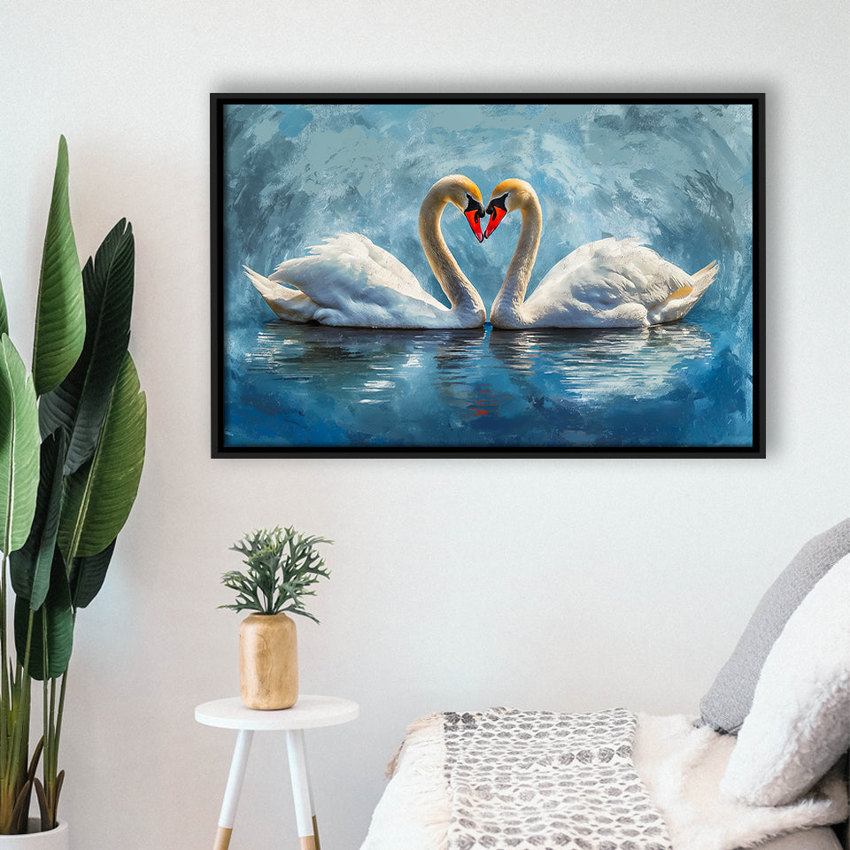 A Couple Of Swans Painting, Framed Canvas Print Wall Art Decor, Floating Frame Painting Canvas