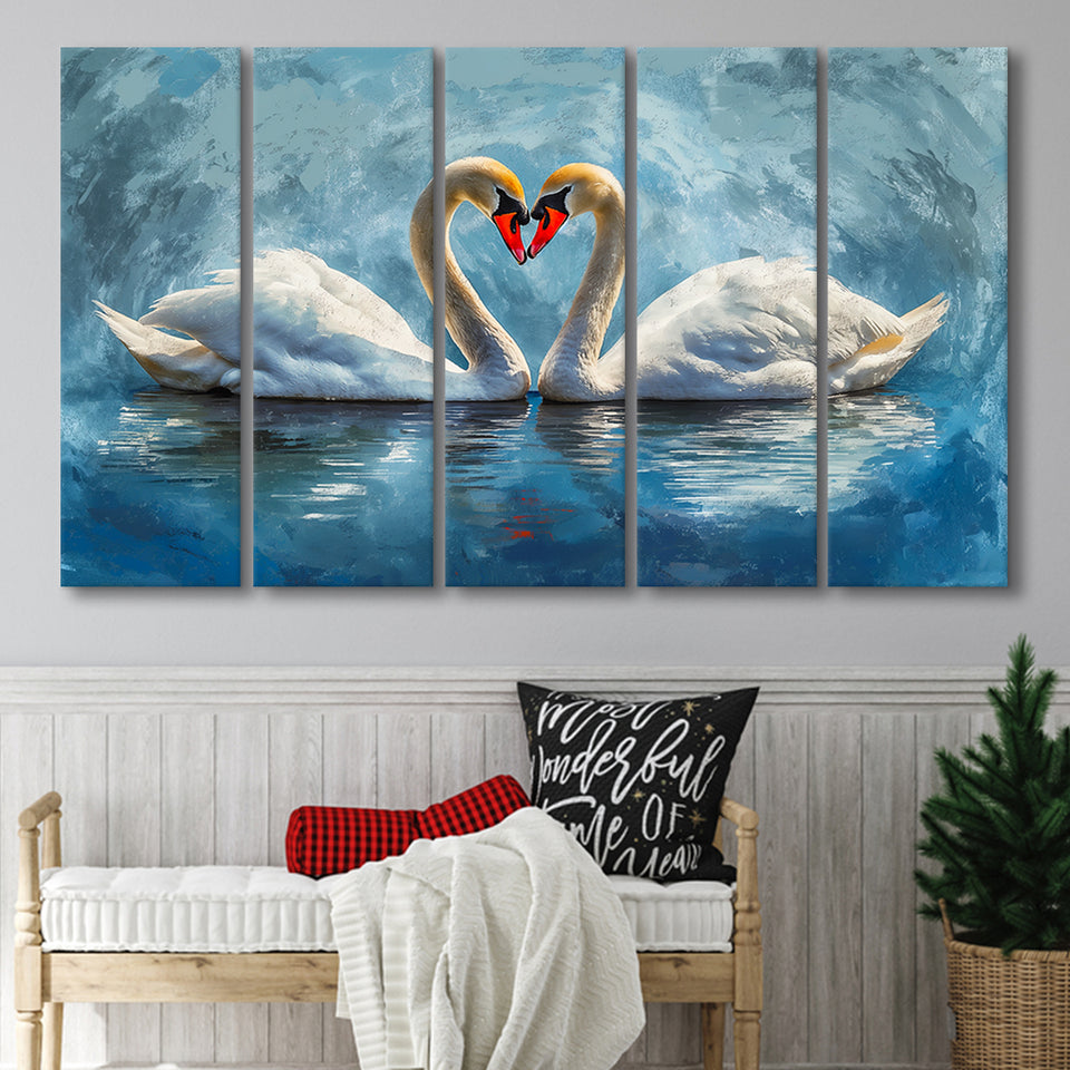 A Couple Of Swans Painting, Mixed 5 Panel B Canvas Print Wall Art Decor, Extra Large Painting Canvas