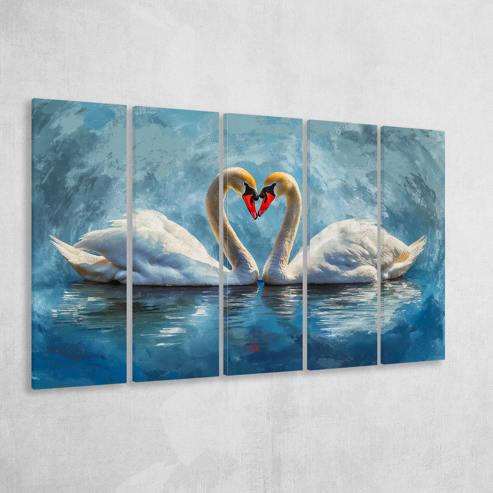 A Couple Of Swans Painting, Mixed 5 Panel B Canvas Print Wall Art Decor, Extra Large Painting Canvas