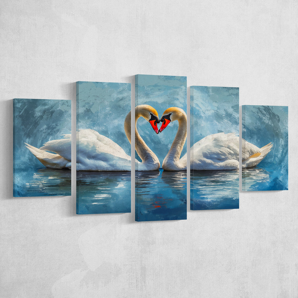 A Couple Of Swans Painting, Mixed 5 Panel Canvas Print Wall Art Home Decor, Large Canvas Painting
