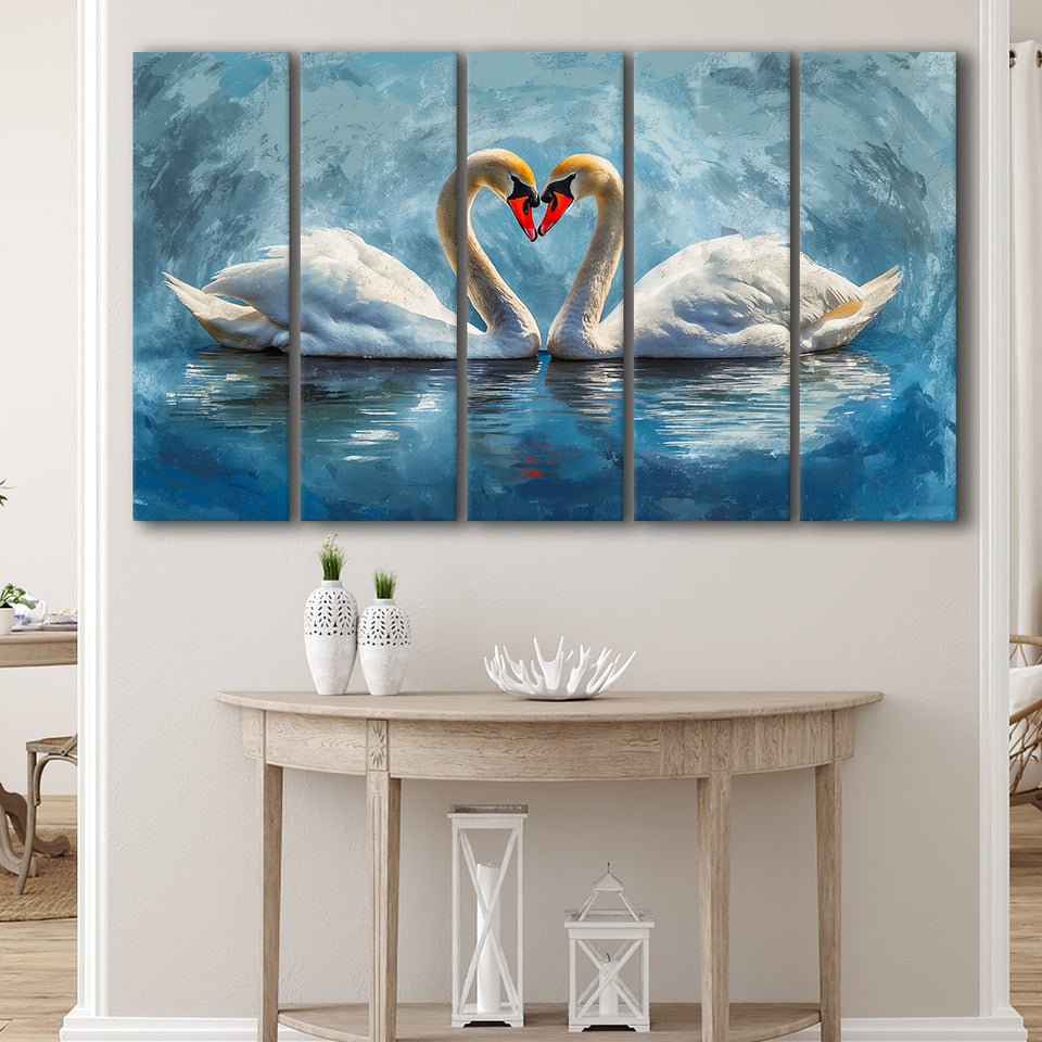 A Couple Of Swans Painting, Mixed 5 Panel B Canvas Print Wall Art Decor, Extra Large Painting Canvas