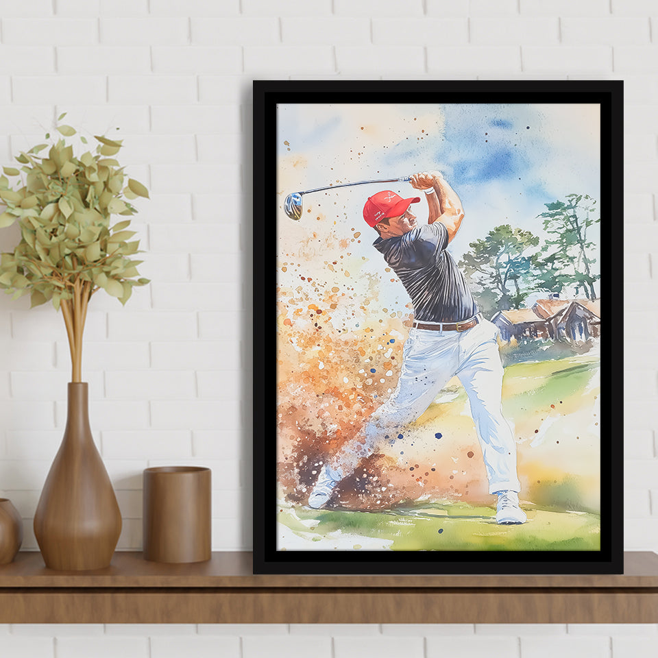 A Man Playing Golf Acrylic Painting V1, Golf Art Print, Floating Frame, Framed Canvas Print Wall Art