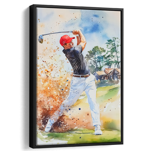 A Man Playing Golf Acrylic Painting V1, Golf Art Print, Floating Frame, Framed Canvas Print Wall Art