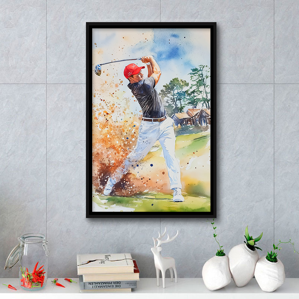 A Man Playing Golf Acrylic Painting V1, Golf Art Print, Floating Frame, Framed Canvas Print Wall Art