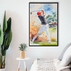 A Man Playing Golf Acrylic Painting V1, Golf Art Print, Floating Frame, Framed Canvas Print Wall Art