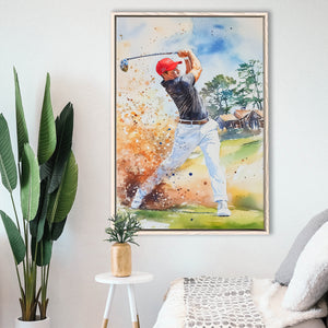 A Man Playing Golf Acrylic Painting V1, Golf Art Print, Floating Frame, Framed Canvas Print Wall Art