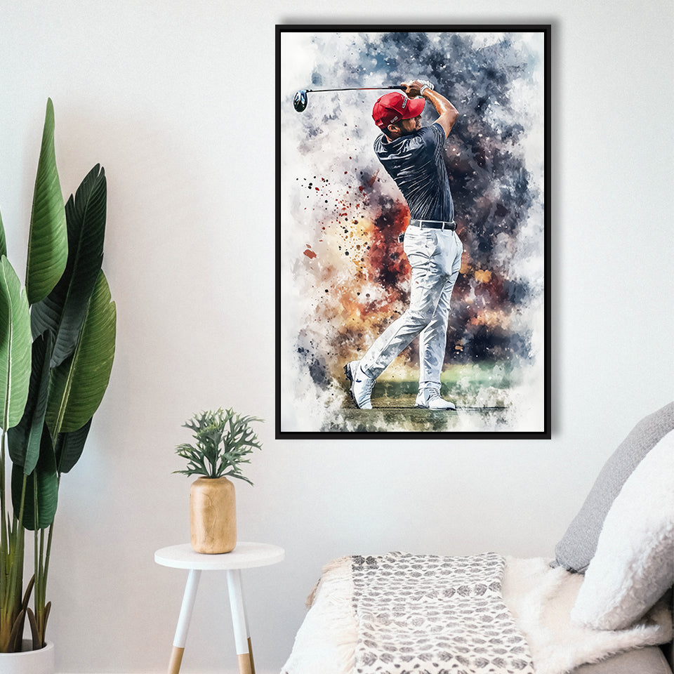 A Man Playing Golf Painting V2, Golf Art Print, Floating Frame, Framed Canvas Print Wall Art