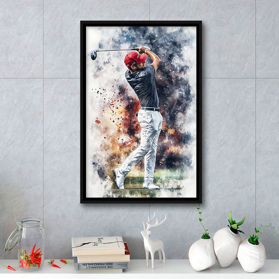 A Man Playing Golf Painting V2, Golf Art Print, Floating Frame, Framed Canvas Print Wall Art