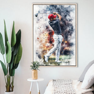 A Man Playing Golf Painting V2, Golf Art Print, Floating Frame, Framed Canvas Print Wall Art