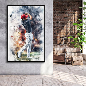 A Man Playing Golf Painting V2, Golf Art Print, Floating Frame, Framed Canvas Print Wall Art