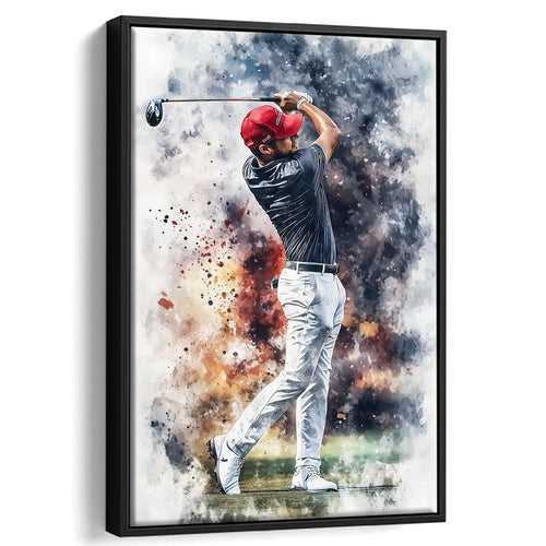 A Man Playing Golf Painting V2, Golf Art Print, Floating Frame, Framed Canvas Print Wall Art