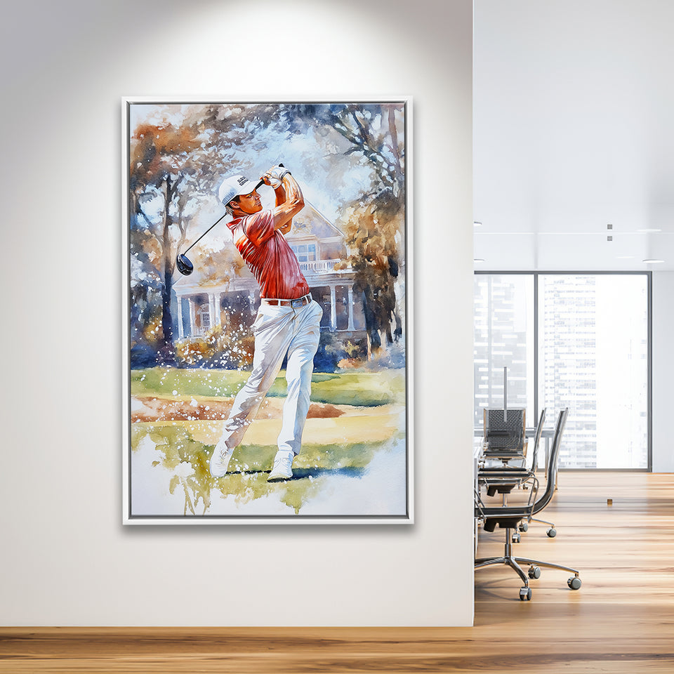 A Man Playing Golf Watercolor Painting, Golf Art Print, Floating Frame, Framed Canvas Print Wall Art