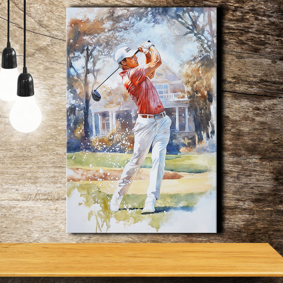 A Man Playing Golf Watercolor Painting, Golf Art Print, Gift for him, Canvas Print Wall Art