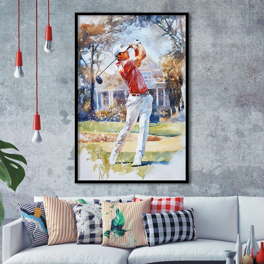 A Man Playing Golf Watercolor Painting, Golf Art, Gift for him, Framed Art Print Wall Decor