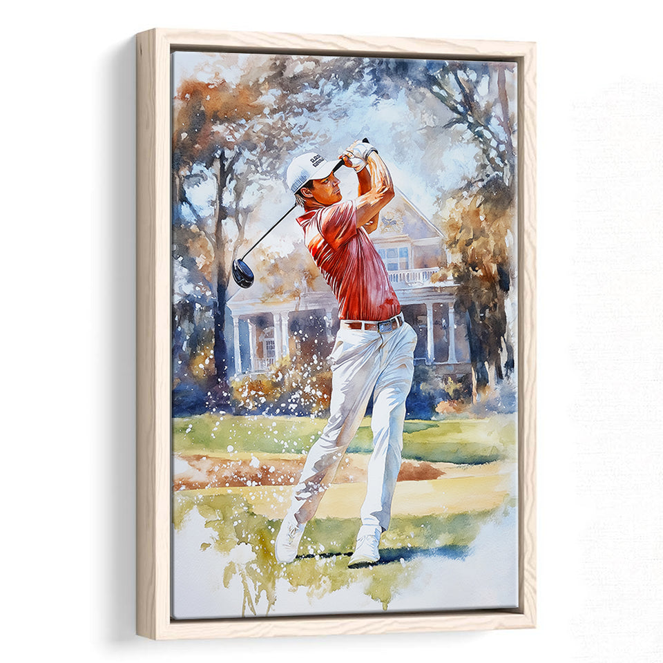 A Man Playing Golf Watercolor Painting, Golf Art Print, Floating Frame, Framed Canvas Print Wall Art
