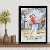 A Man Playing Golf Watercolor Painting, Golf Art Print, Floating Frame, Framed Canvas Print Wall Art